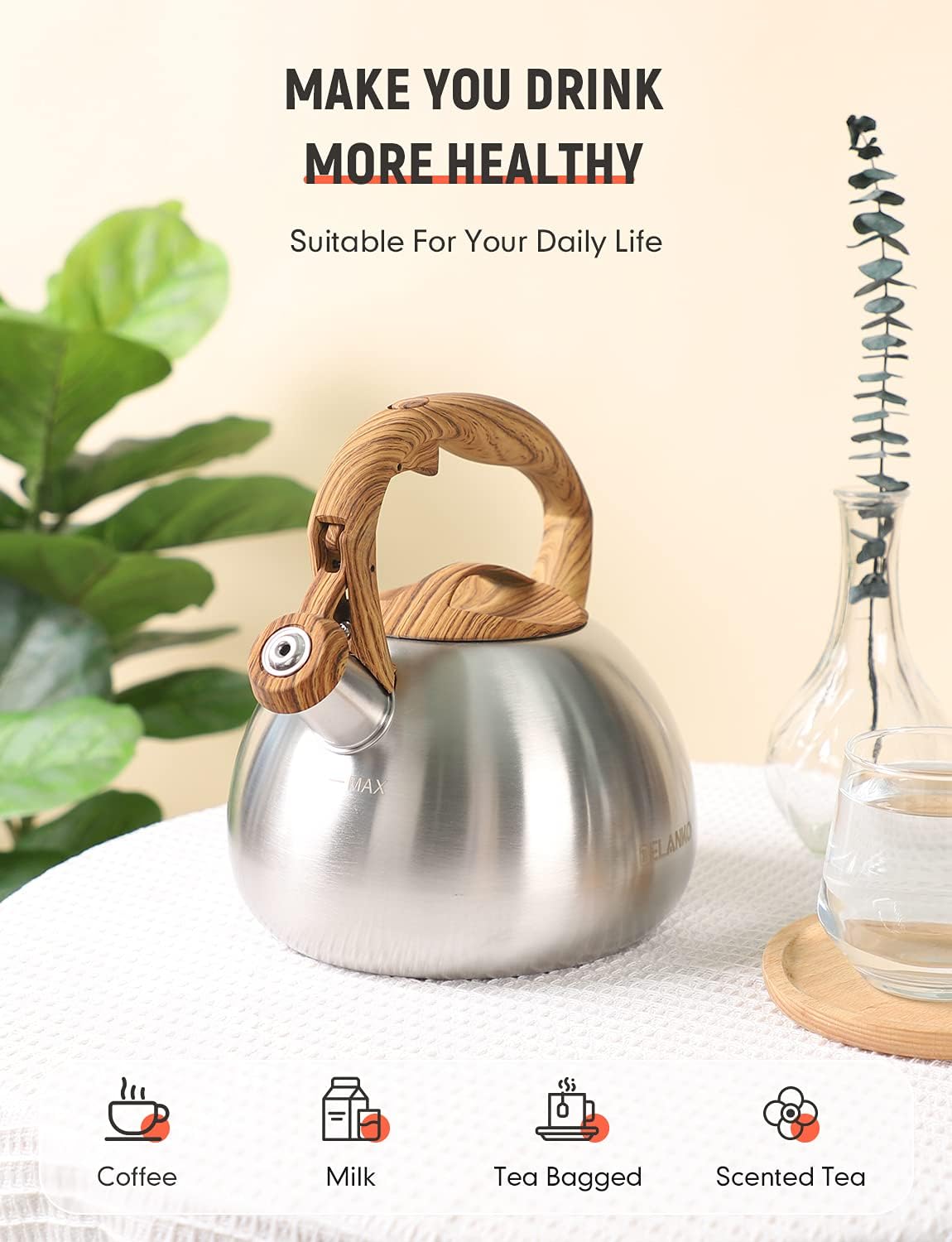 BELANKO – Hervidor de té silbante de 102 onzas  3 litros, ollas para estufa, acero inoxidable de grado alimenticio con mango de madera, silbato