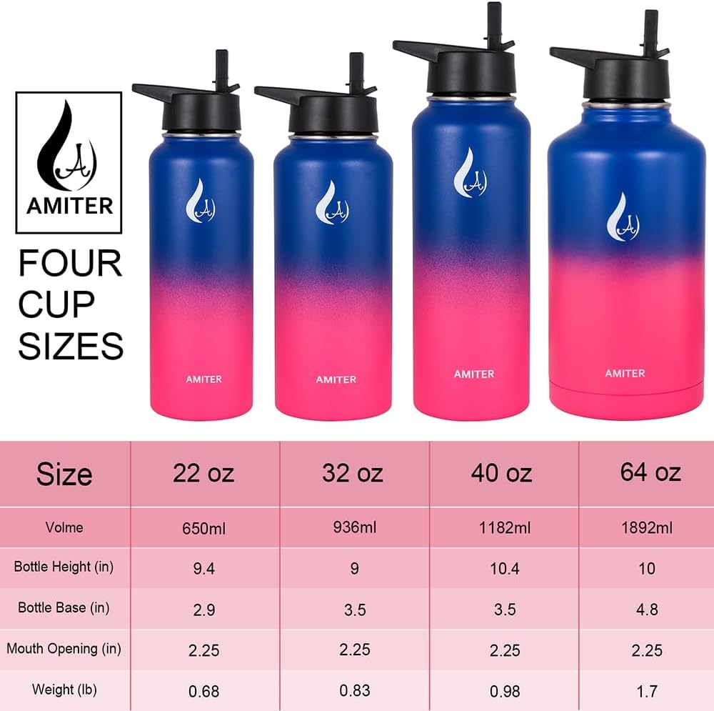 Amiter – Botella de agua con tapa de boca ancha, pajita y asa (22, 32, 40 o 64 onzas), botella de acero inoxidable 188 con aislamiento al vacío,