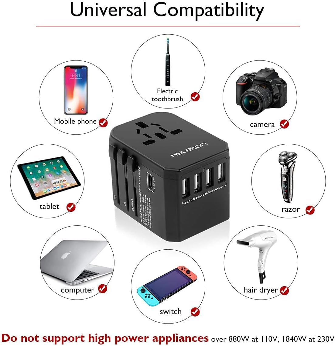 Adaptador de viaje universal, adaptador de corriente internacional de carga rápida hyleton con 4 puertos USB y 1 tipo C, adaptador de enchufe de