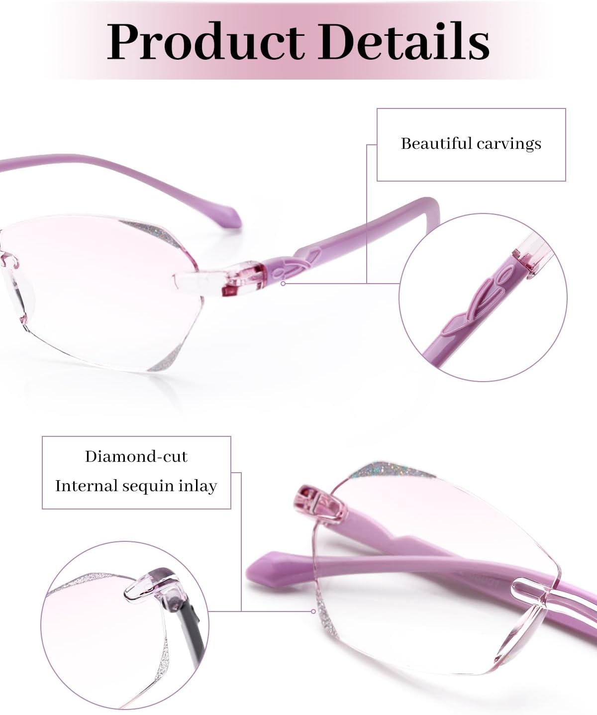 LUFF Anteojos de lectura antiluz azul sin montura para mujer, elegantes lentes de lectura sin marco con borde cortado de diamante, lectores de metal