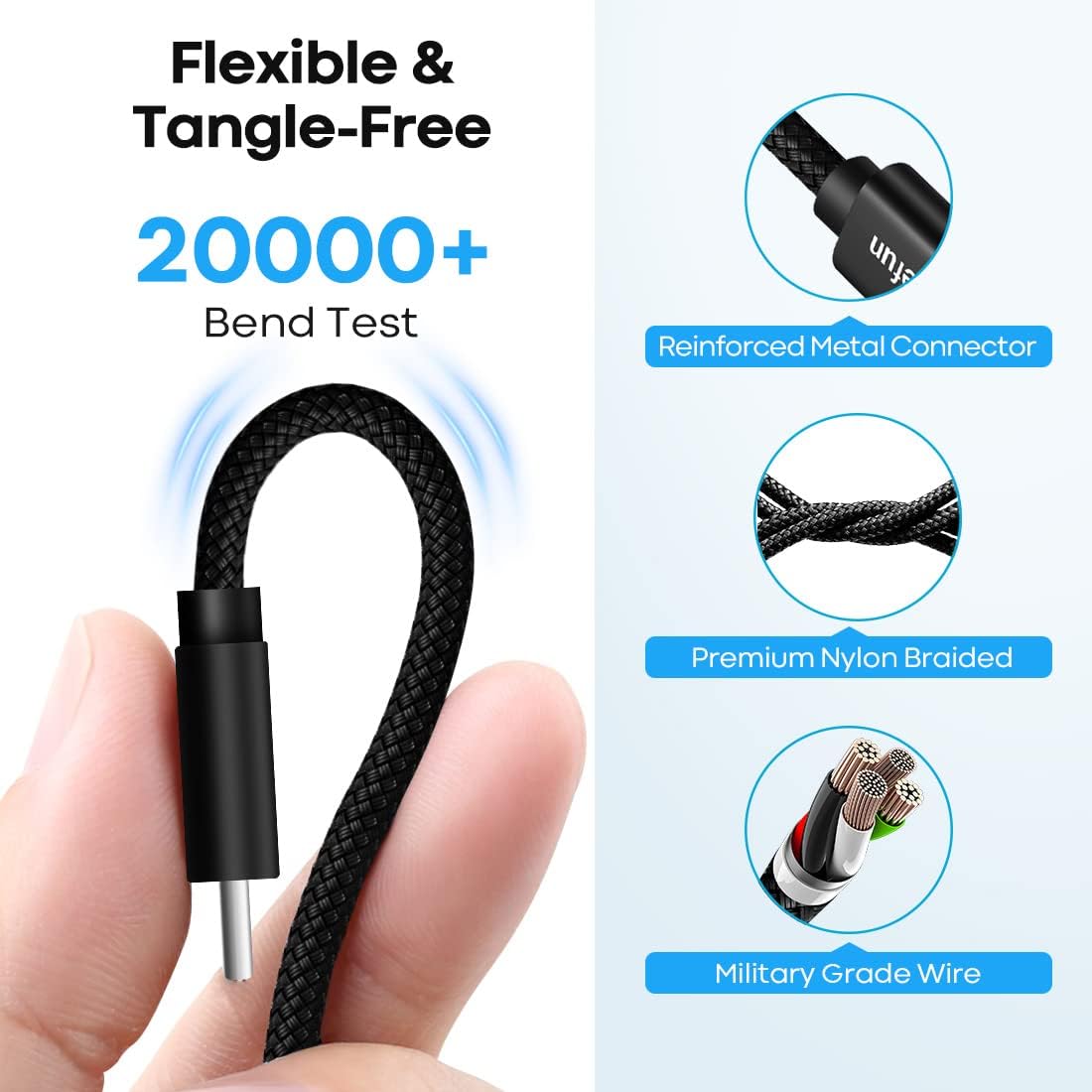 CLEEFUN Cable tipo C de 20 pies de largo, USB A 2.0 a USB C, cable de carga trenzado de nailon compatible con Samsung Galaxy Note, L-G, Moto, Pixel,