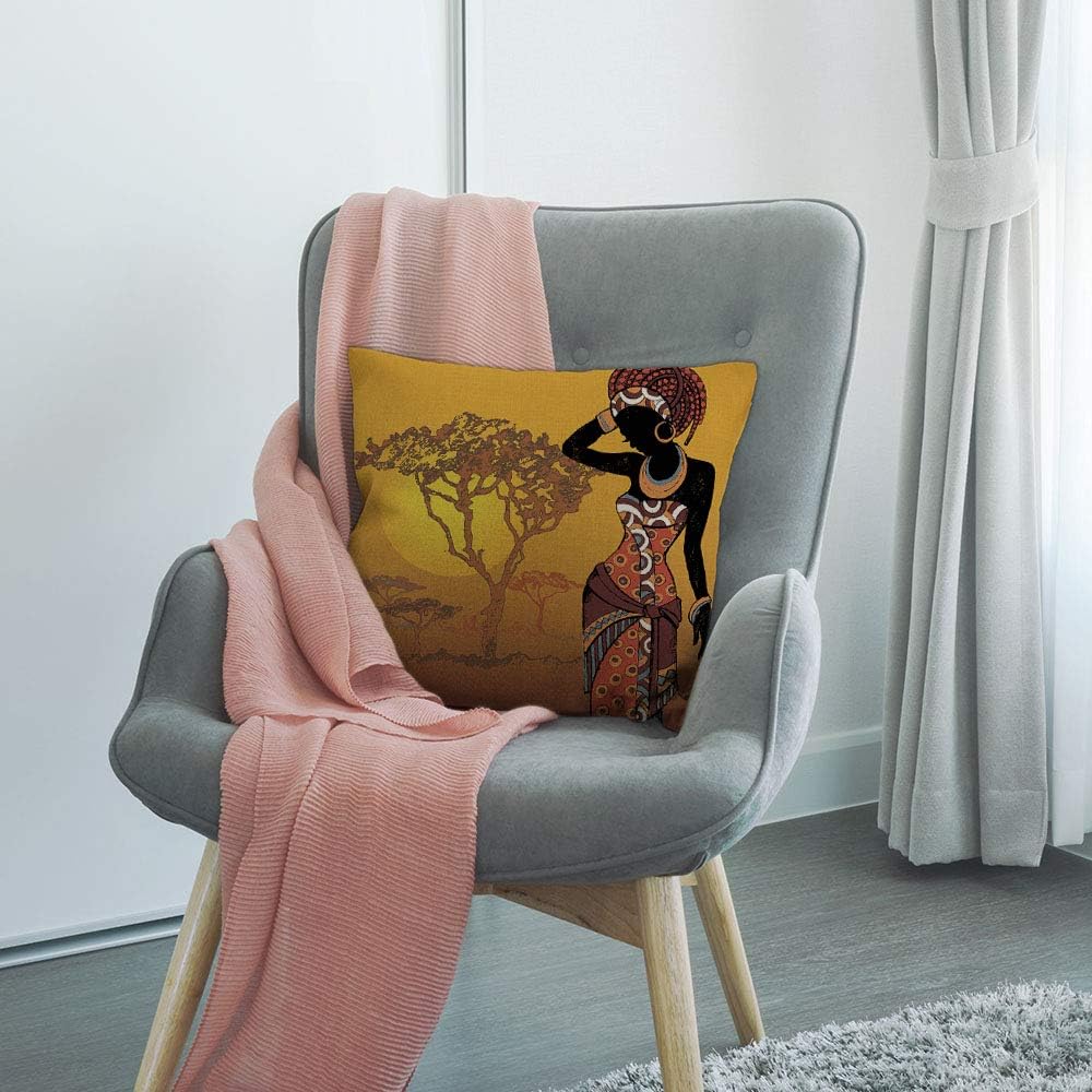 HGOD DESIGNS Fundas de almohada para mujeres africanas, diseño de mujer africana en la puesta de sol, funda de cojín decorativa de lino y algodón,
