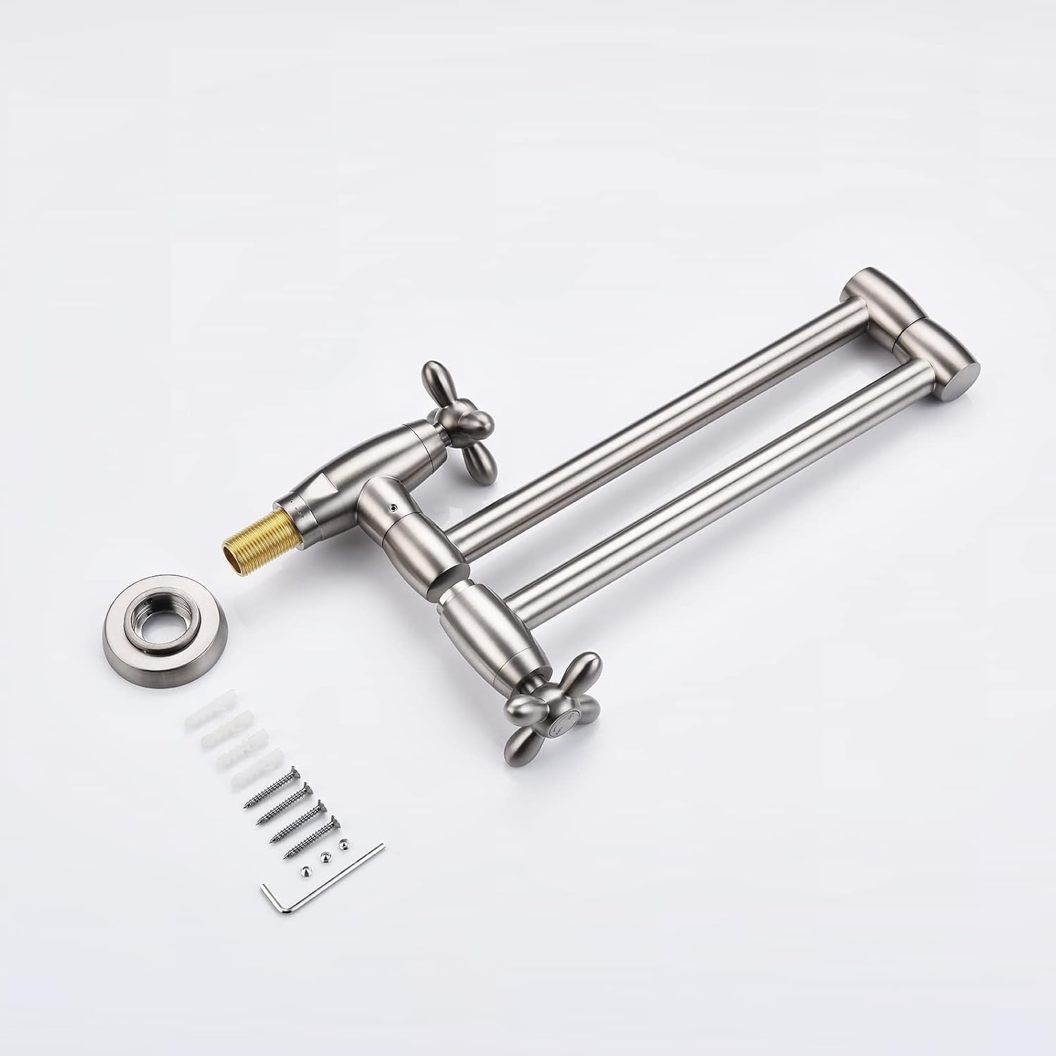 Llenador de ollas de níquel cepillado grifo de cocina de latón macizo plegable montaje en pared extensible doble articulación brazo oscilante de un