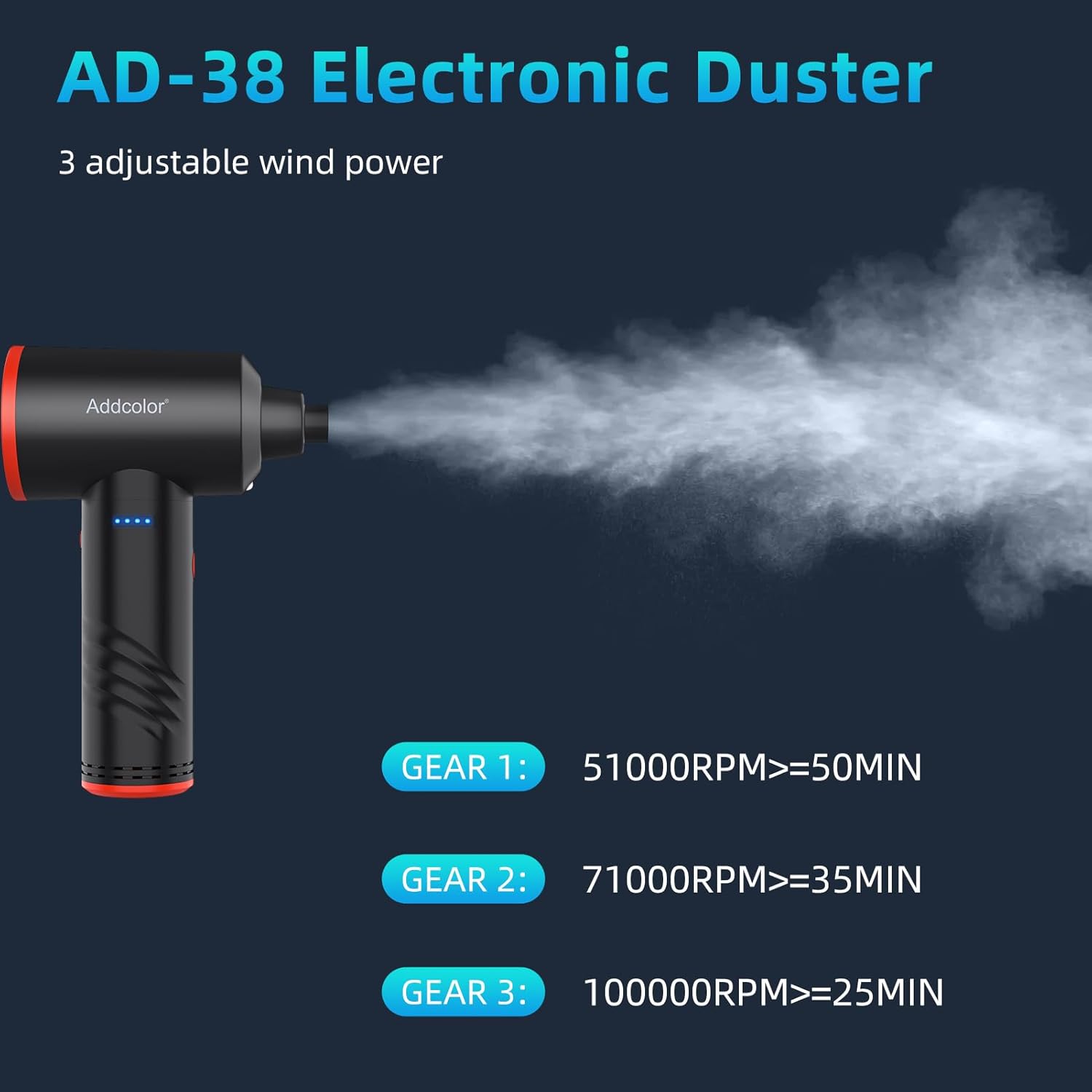 Plumero de aire comprimido con batería de 6000 mAh, limpiador de teclado eléctrico ADDCOLOR AD-38 para oficina, 3 velocidades de viento ajustables