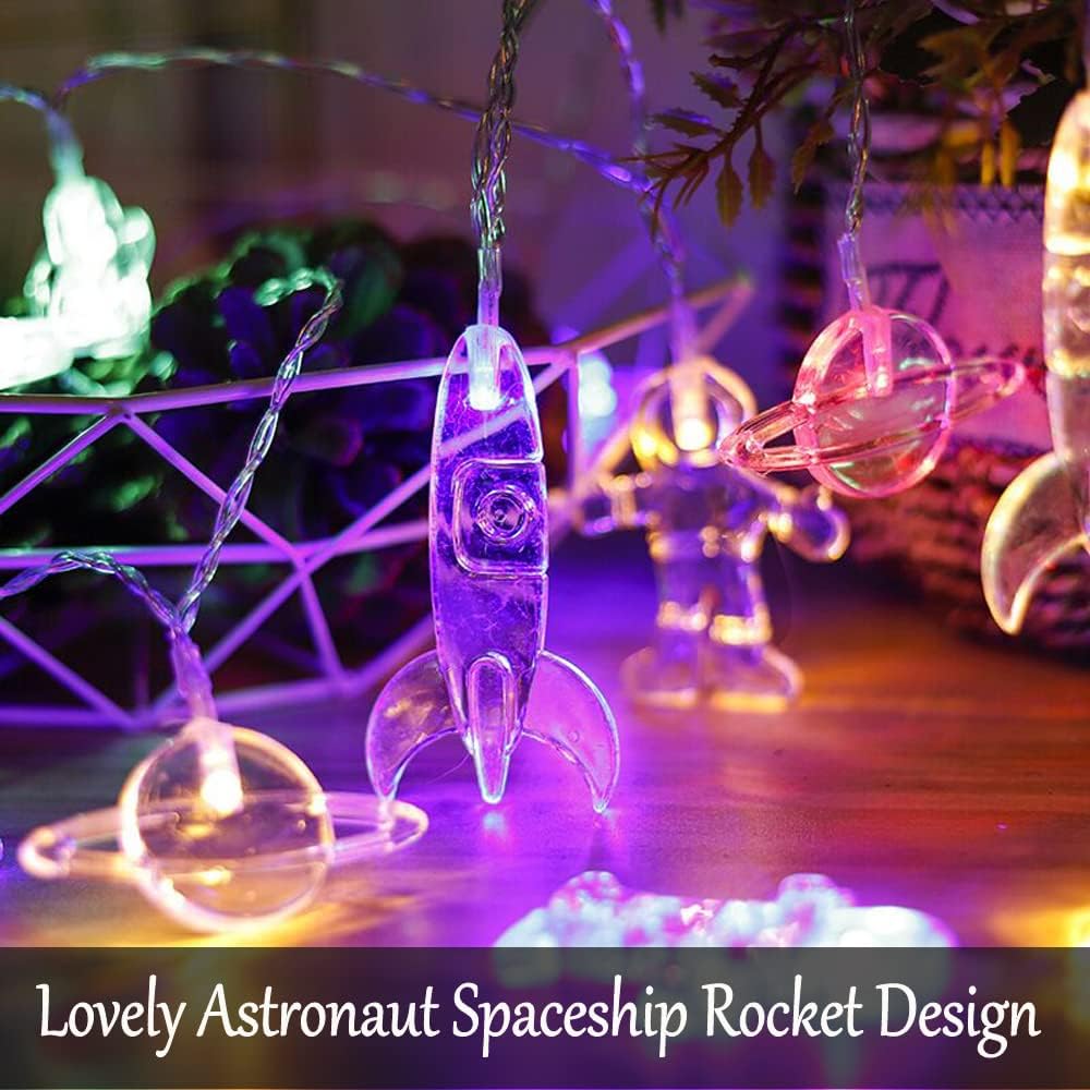 Guirnalda de 30 luces LED para habitación de niños de 16.4 pies, astronauta, nave espacial, cohete, luces temáticas de vacaciones para guardería,