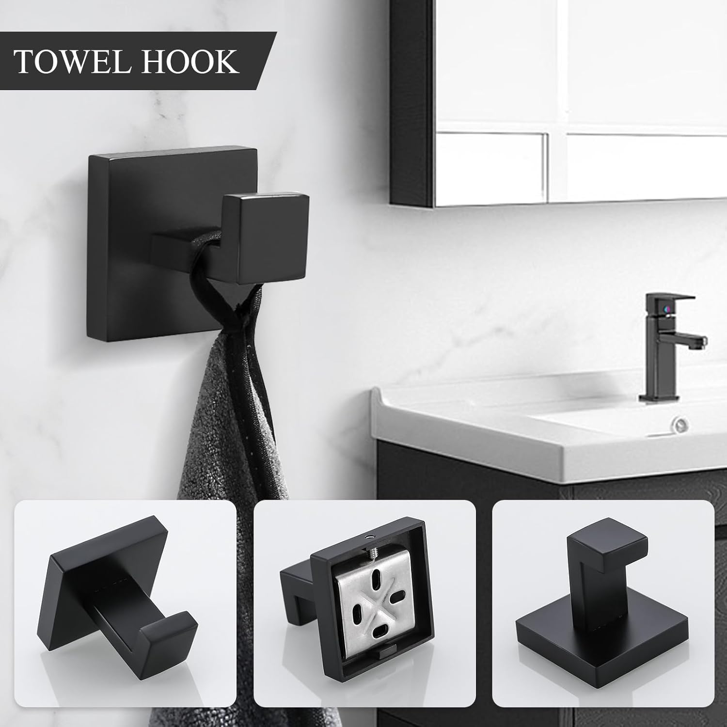 TURS Juego de accesorios de baño negro de 4 piezas, incluye toallero de 24 pulgadas, soporte para toallas de mano, gancho para toallas, soporte para