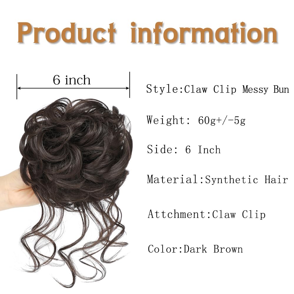 Moño desordenado, pinza de garra, moños despeinados, extensiones de moño sintético rizado para mujer (marrón oscuro)