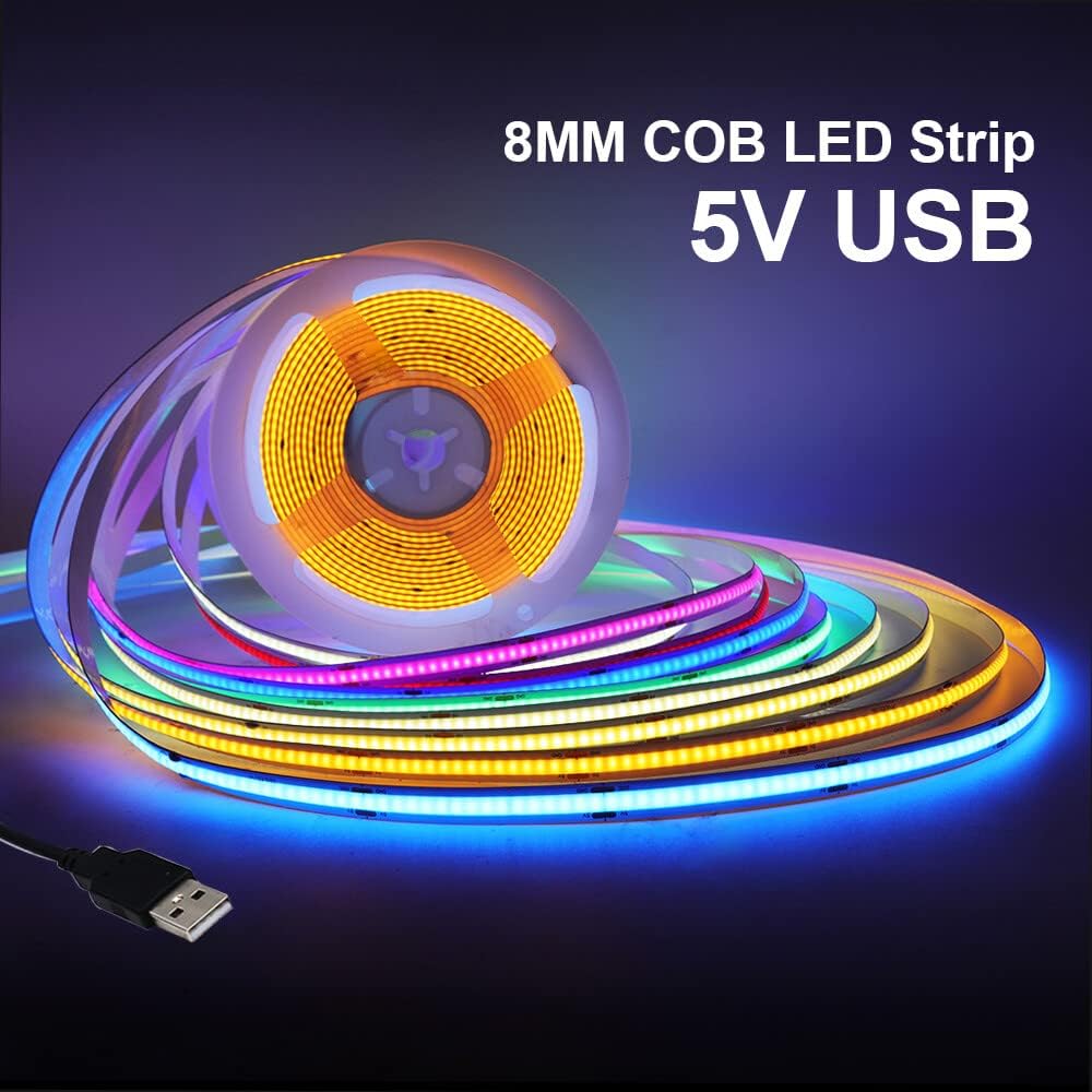 Wisada Tira de luz LED COB azul de 16.4 ft, DC 5 V 320 LEDsM de alto brillo para uso en interiores, IP21, no impermeable, flexible, para