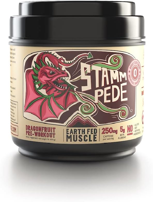 Earth Fed Muscle Stammpede DragoFruit Punch Pre entrenamiento, 30 porciones, aumenta la energía, aumenta la resistencia y el enfoque, beta-alanina,