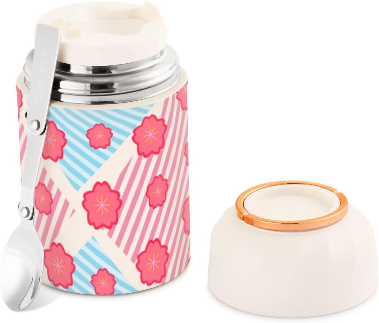 Pink Flowers Strip Boho Kids Womens Insulated Food Jar Container with Spoon 17oz500ml Soup Containers With Lids Stainless Steel Vacuum Keep Warm