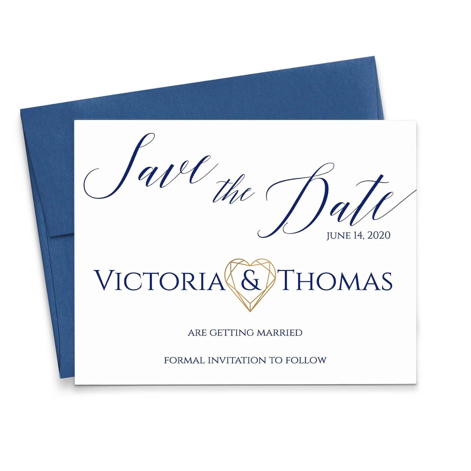 Modern Save the Dates for Wedding, Personalized Save the Date Hearts, Navy Blue and Gold, Your choice of Quantity and Envelope Color