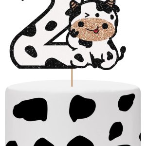 Decoración para pastel de 2 cumpleaños de vaca con purpurina blanca, decoración de pastel de vaca sagrada con texto en inglés “I’m Two” para niños y Decoración para pastel de 2 cumpleaños de vaca con purpurina blanca, decoración de pastel de vaca sagrada con texto en inglés “I’m Two” para niños y