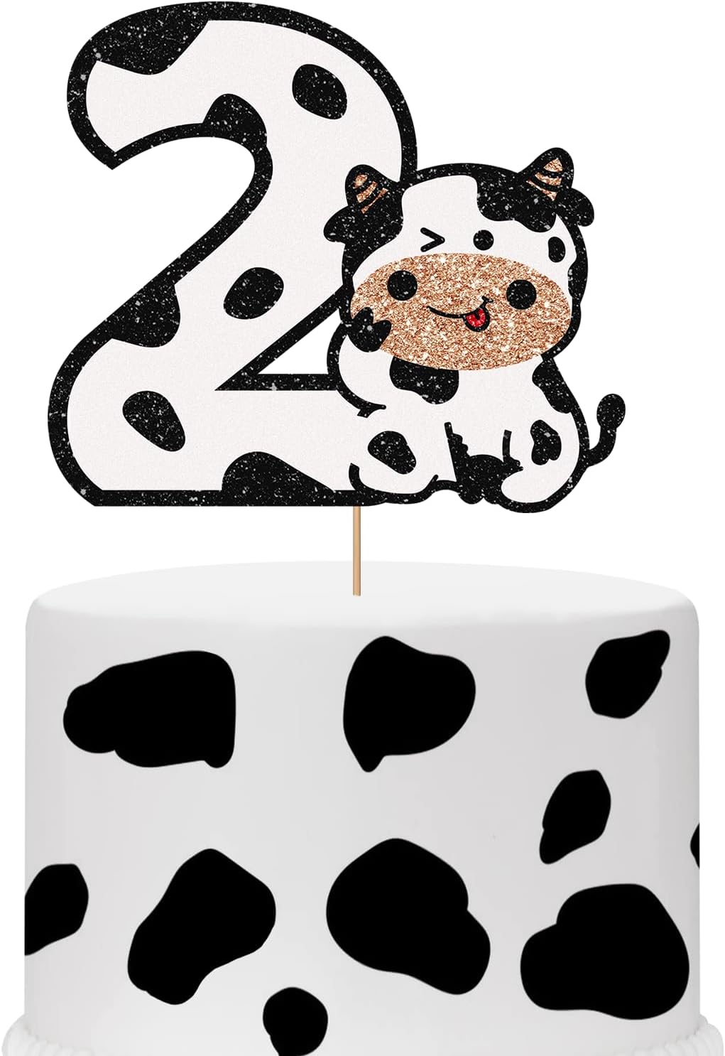 Decoración para pastel de 2 cumpleaños de vaca con purpurina blanca, decoración de pastel de vaca sagrada con texto en inglés “I’m Two” para niños y