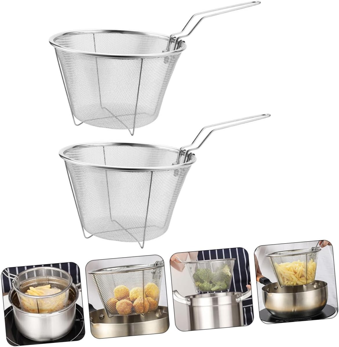 Cesta de freír de acero inoxidable, colador de alambre redondo, freidora de virutas de alambre, fregadero de acero inoxidable, 2 uds