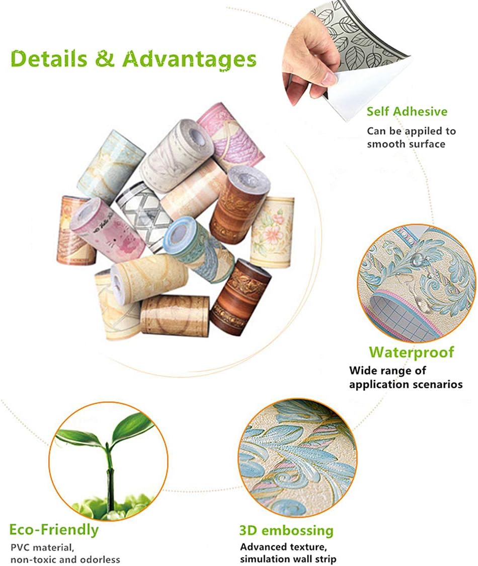 Papel tapiz decorativo 3D con moldura floral, borde impermeable para pared, techo, para baño, cocina, azulejos en muro, 4 pulgadas por 16.4 pies
