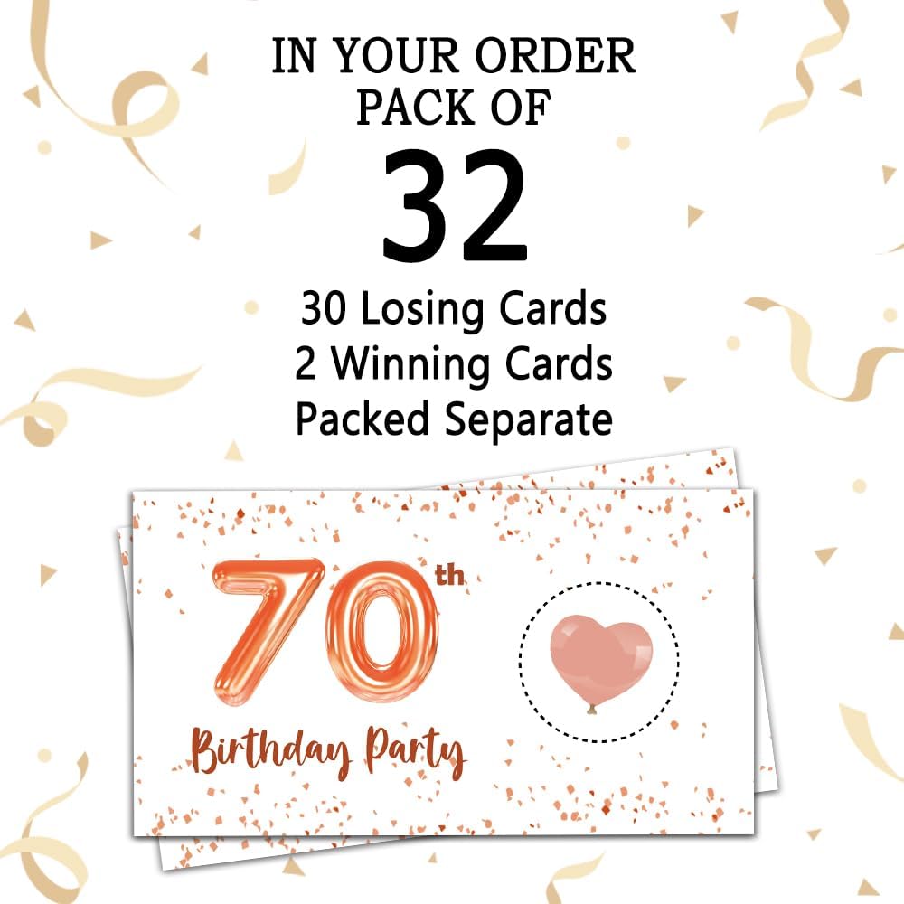 REWIDPARTY Tarjetas de juego para raspar para fiesta de 70 cumpleaños para adultos (32 unidades) entradas rosadas para raspar cumpleaños de 70