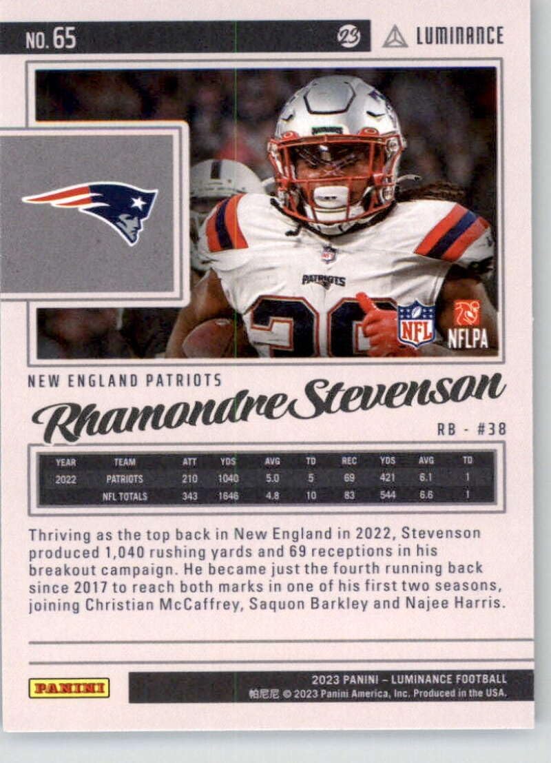 2023 Panini Luminance #65 Rhamondre Stevenson New England Patriots Official NFL Football Card in Raw (NM or Better) Condition