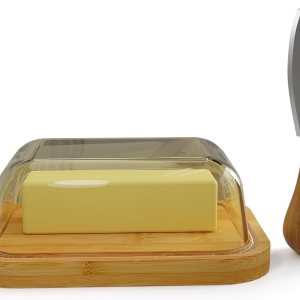 GorGin Mantequillera con tapa para frescura de encimera y refrigerador, plato de mantequilla de vidrio con plato de bambú grueso, bandeja de GorGin Mantequillera con tapa para frescura de encimera y refrigerador, plato de mantequilla de vidrio con plato de bambú grueso, bandeja de