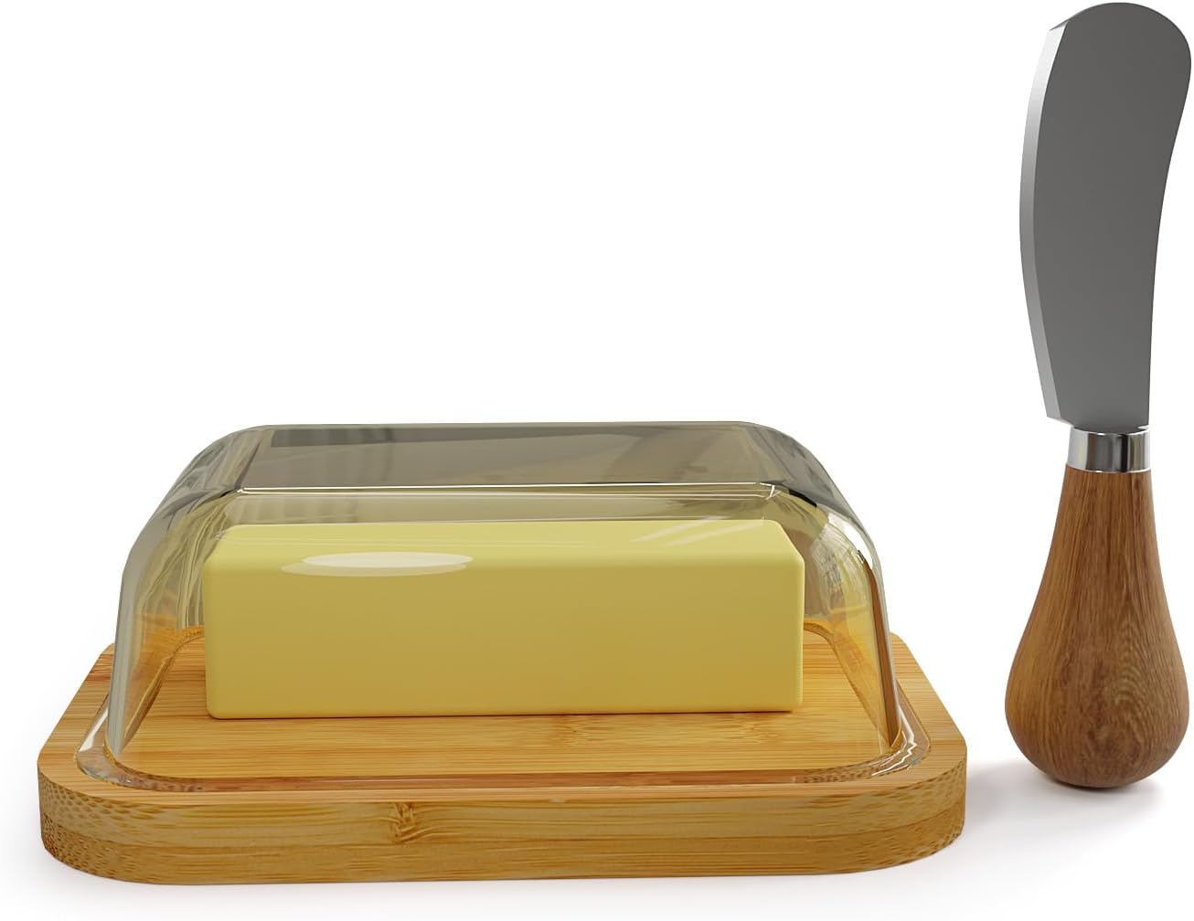 GorGin Mantequillera con tapa para frescura de encimera y refrigerador, plato de mantequilla de vidrio con plato de bambú grueso, bandeja de