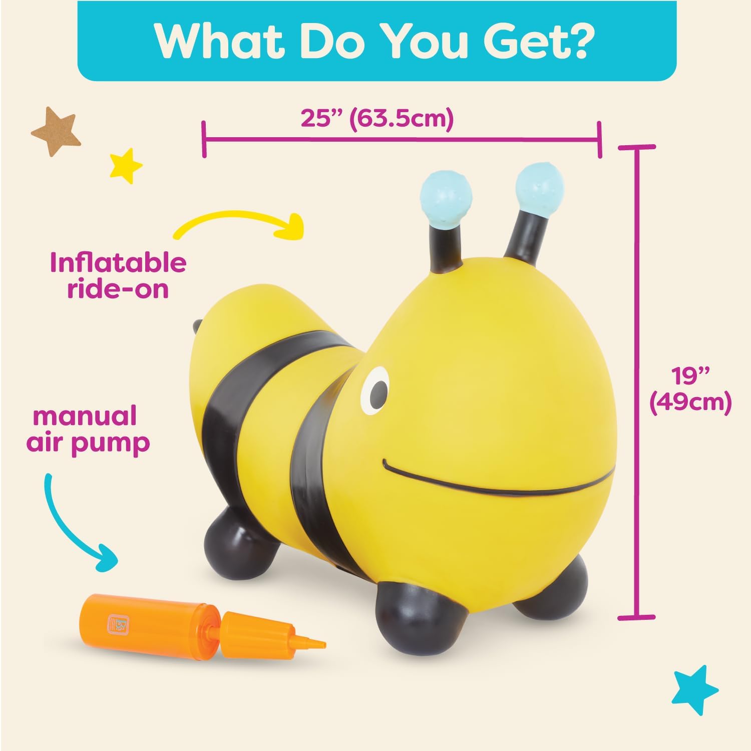 B. Play – Bouncer de abeja para montar – Juguete animoso – Tolva inflable para niños pequeños – Saltar y rebotar – Bomba de aire incluida – Boing