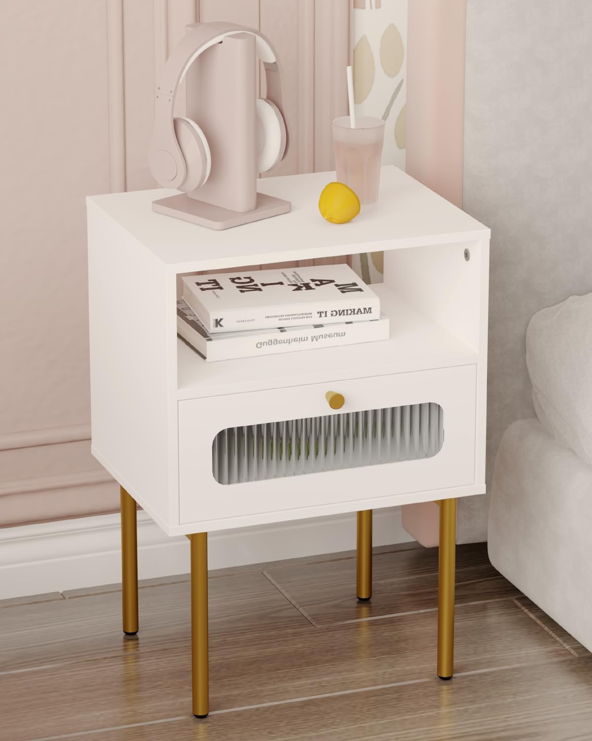 Mesita de noche, mesa auxiliar moderna blanca con cajón de almacenamiento y estante de madera abierto, mesa auxiliar pequeña con puerta decorativa