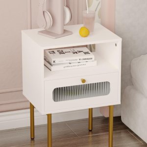 Mesita de noche, mesa auxiliar moderna blanca con cajón de almacenamiento y estante de madera abierto, mesa auxiliar pequeña con puerta decorativa Mesita de noche, mesa auxiliar moderna blanca con cajón de almacenamiento y estante de madera abierto, mesa auxiliar pequeña con puerta decorativa