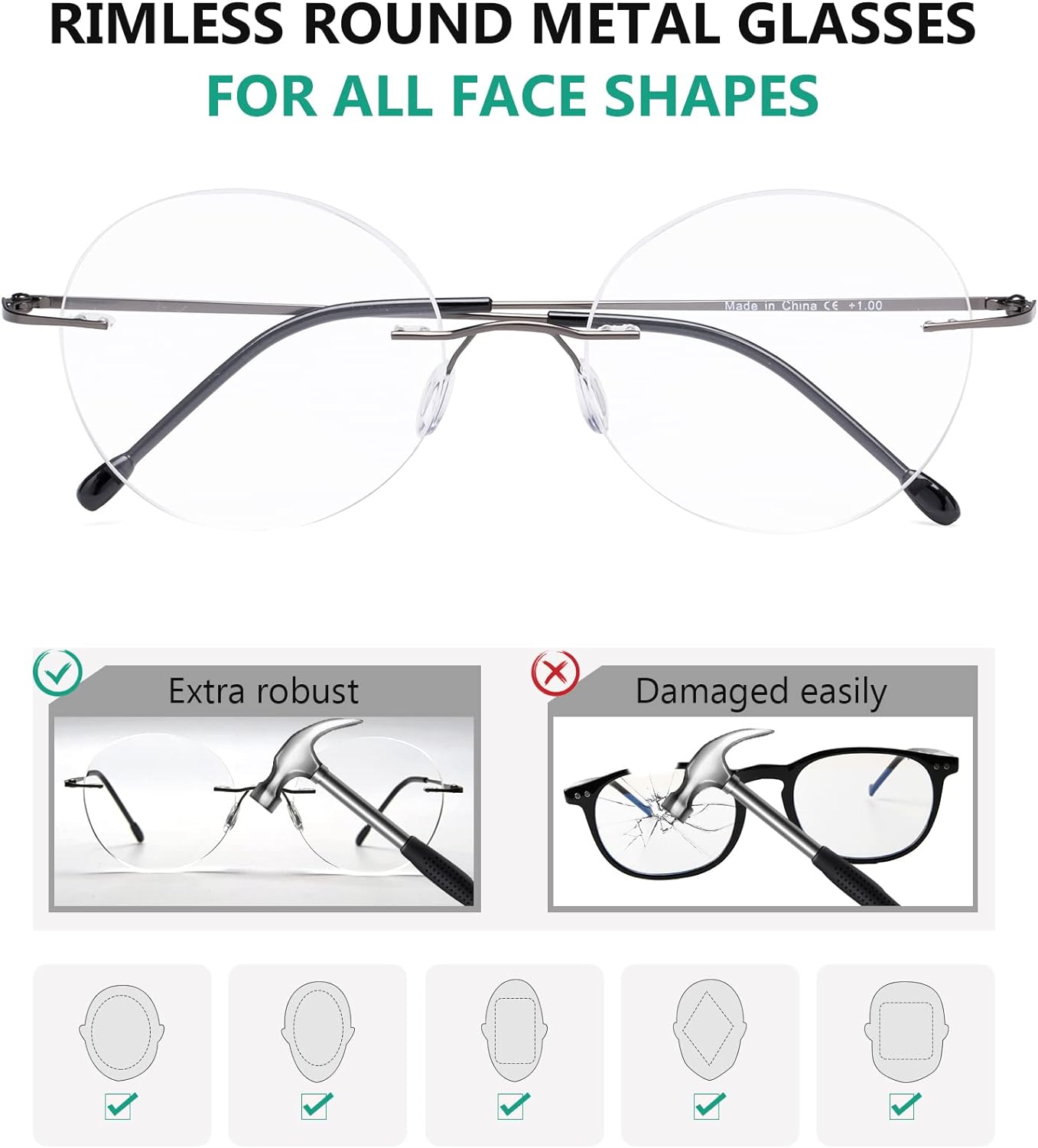 Eyekepper Paquete de 4 lentes de lectura redondos de metal sin montura para mujeres y hombres, lectores circulares sin marco