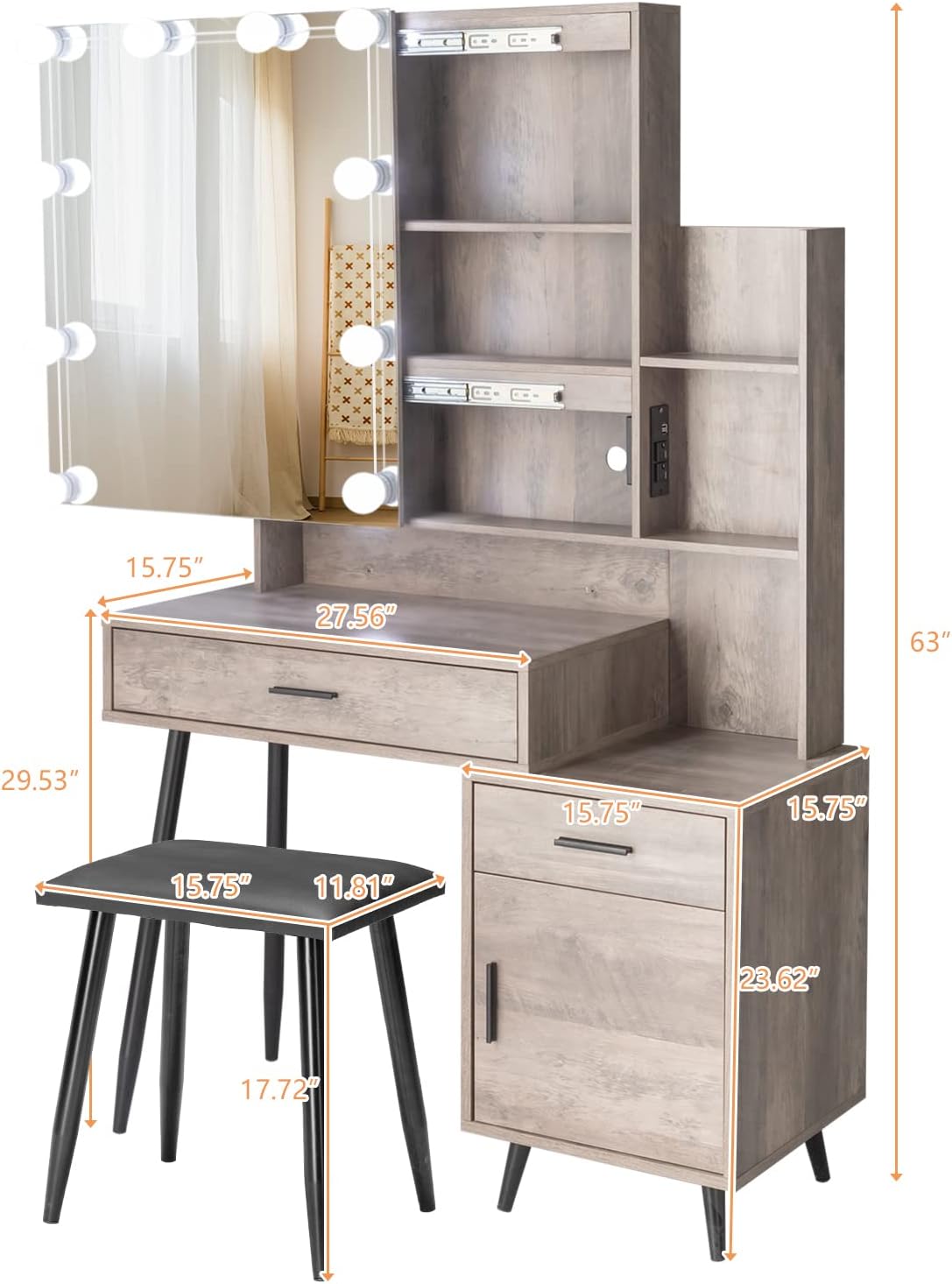 VINGLI Escritorio de tocador gris rústico con espejo deslizante y luces, tocador de maquillaje con 2 cajones, estantes ajustables y una puerta,