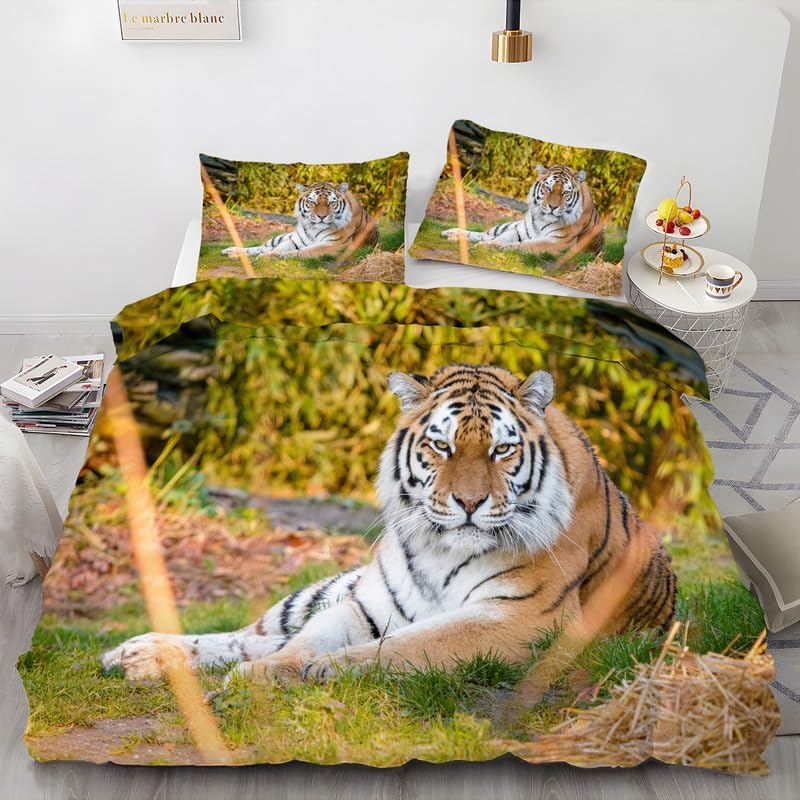 Tiger Grass Green Duvet Cover Full Animal Print Bedding Sets Full Soft Microfiber Comforter Cover and 2 Pillow Shams 20″X26″, Bed Set Duvet Covers