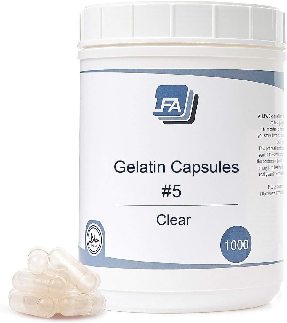 Cápsulas vacías tamaño 5  Gelatina transparente  1000 unidades  Se adapta a la bandeja de máquina de llenado de cápsulas  Tapas de gel de carne de