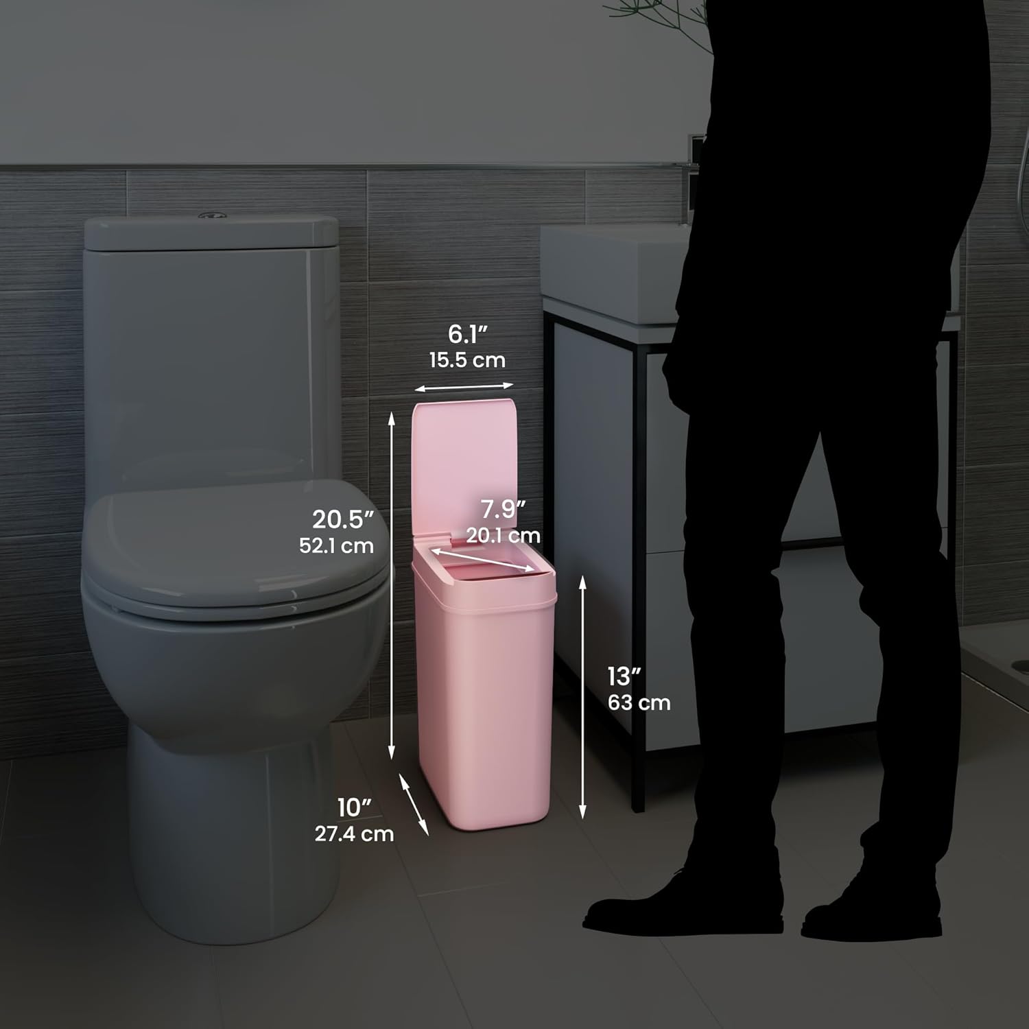 iTouchless Cubo de basura de baño rosa con sensor de 3 galones, 10 litros, delgado, sin contacto, pequeño, automático, con tapa, estrecho control de