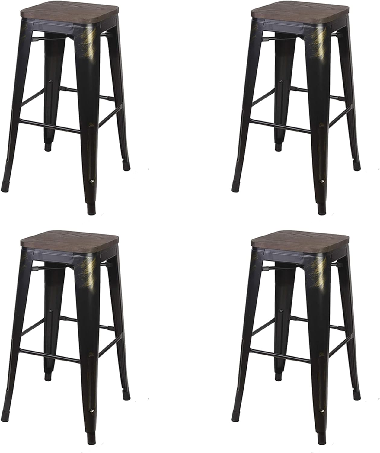 Taburete de metal negro antiguo de 24 pulgadas con asiento de madera (juego de 2) color dorado al azar, capacidad de peso de más de 300 libras,