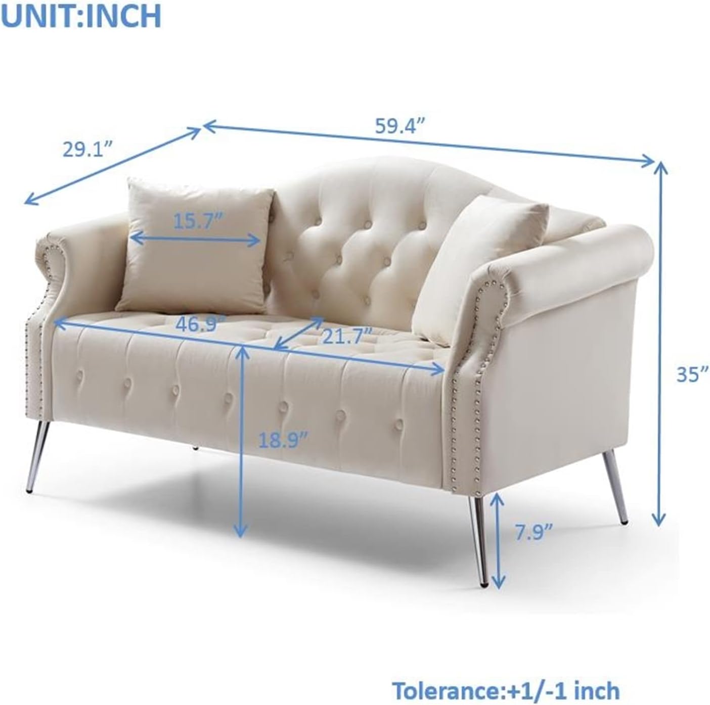 Holaki Chesterfield – Sofá de terciopelo de 59.4 pulgadas, moderno, tapizado, clásico, con botones copetudos, con brazos enrollados, patas de metal