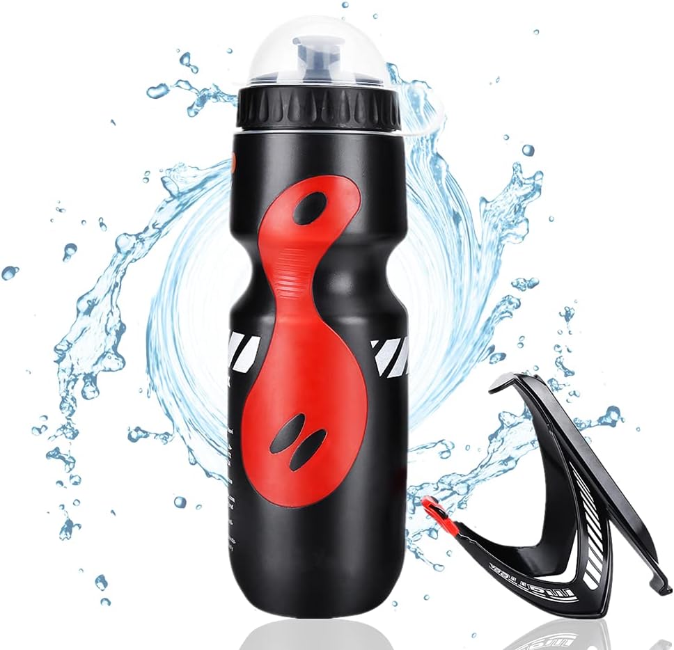 Botella de agua para bicicleta, botella de agua deportiva de 22.0 fl oz con soporte de jaula para bicicleta de montaña (negro)