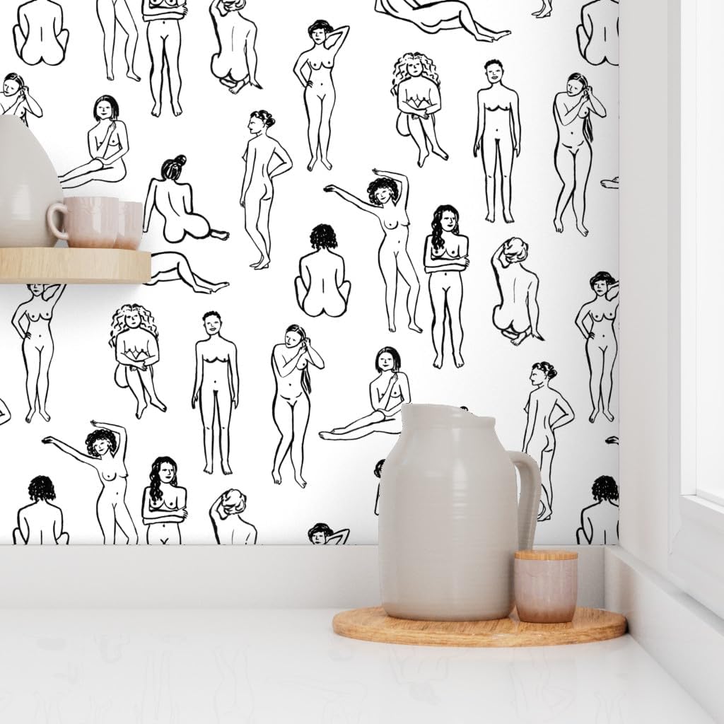 Spoonflower Papel tapiz para despegar y pegar – Mujeres Blanco Negro Mujer Niña Poder Vida Dibujo Cuerpo Mujer Salud Personalizado Papel pintado