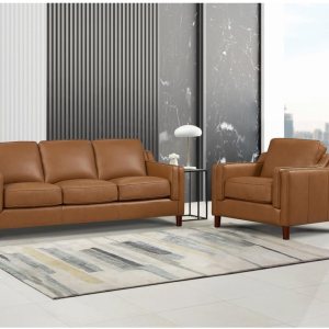 Hydeline Bella – Juego de sofá y silla de cuero de grano superior, coñac Hydeline Bella – Juego de sofá y silla de cuero de grano superior, coñac