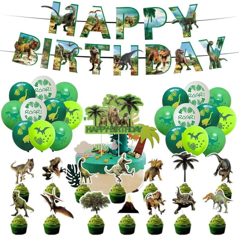 Juego de decoración de fiesta de cumpleaños de dinosaurio, pancarta de feliz cumpleaños, globos de dinosaurio, decoración de pasteles, muy adecuado