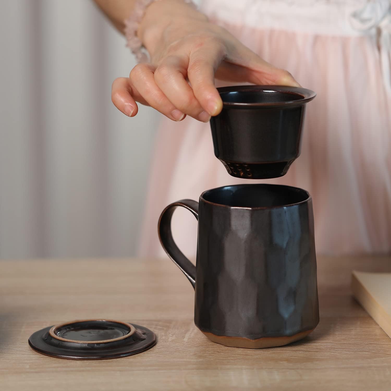 globe faith Taza de té de cerámica con infusor y tapa, taza de té de infusión de hojas sueltas de gres y filtro de cesta para el hogar, oficina o
