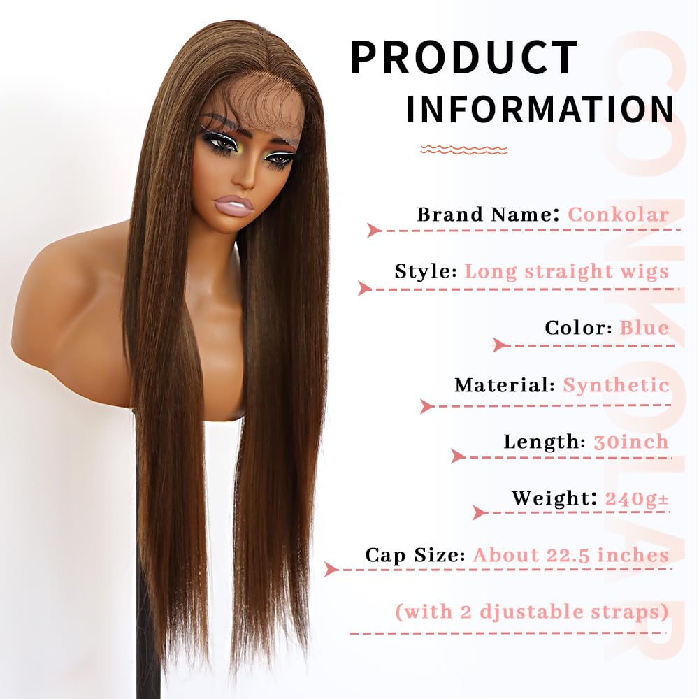 Pelucas de encaje frontal sintético lacio marrón, sin pegamento, línea de cabello natural, con reflejos marrones, pelucas de encaje sintético marrón