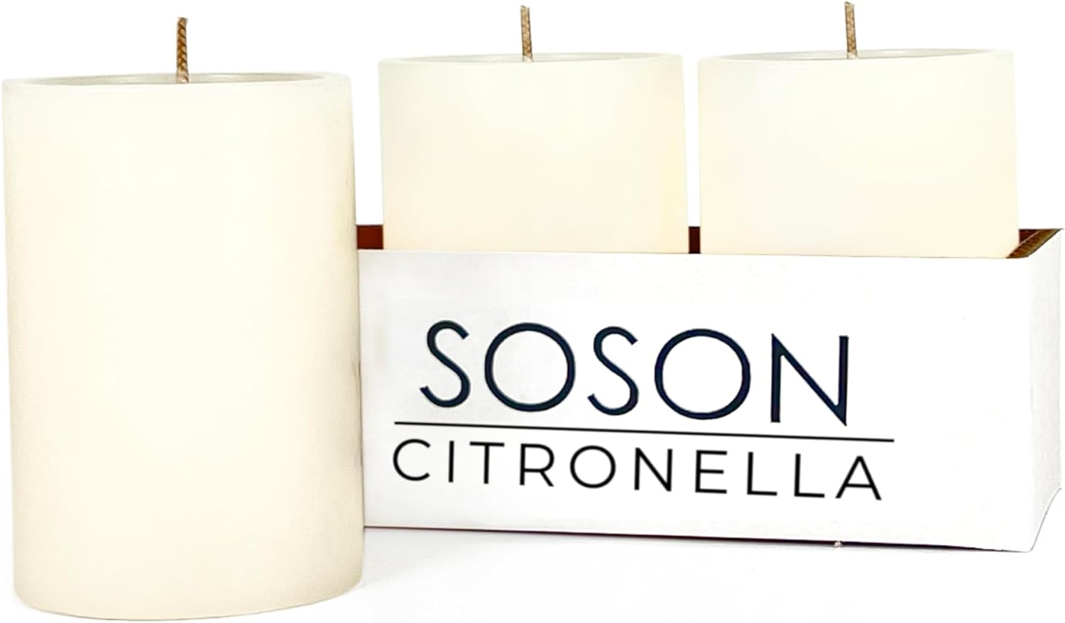 Simply Soson Vela de citronela – Velas de pilar de citronela marfil – 3 x 4 pulgadas – Paquete de 3 – Vela antimosquitos