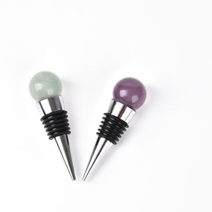 AMOYSTONE 2 tapones de vino de fluorita natural, piedra de roca de cristal de roca, forma esférica, morado y verde AMOYSTONE 2 tapones de vino de fluorita natural, piedra de roca de cristal de roca, forma esférica, morado y verde