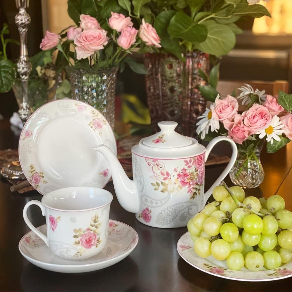 Juego de té para mujer, tazas de café para bebidas calientes, juego de 5 piezas para 2 con toalla de cortesía, taza de té de boda y platillo para