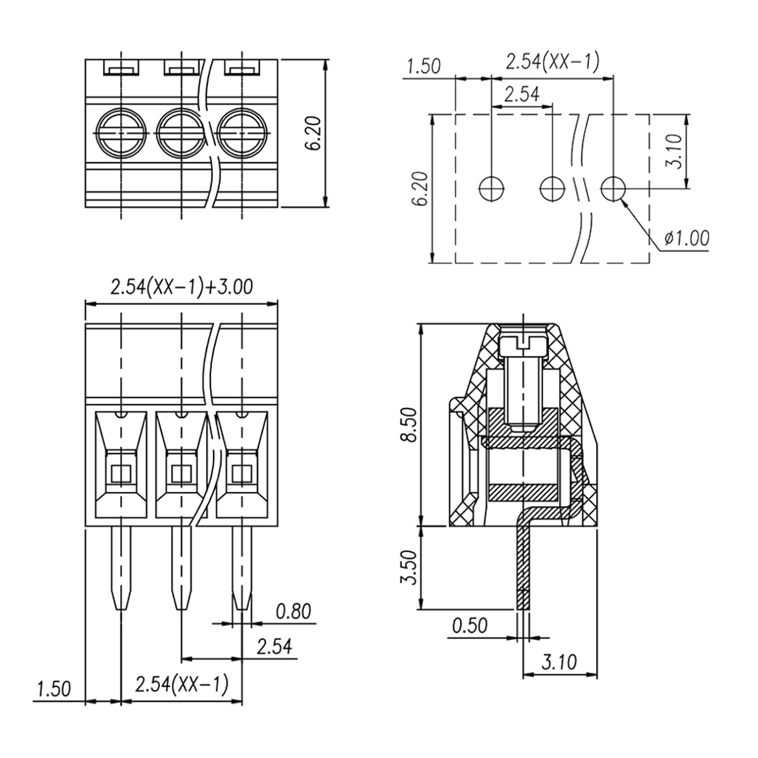 ATMLCOER 50 conectores de bloque de terminales de tornillo de montaje en PCB de paso de 0.100 in0.1 pulgadas 2P 3P 4P para Arduino y cables de