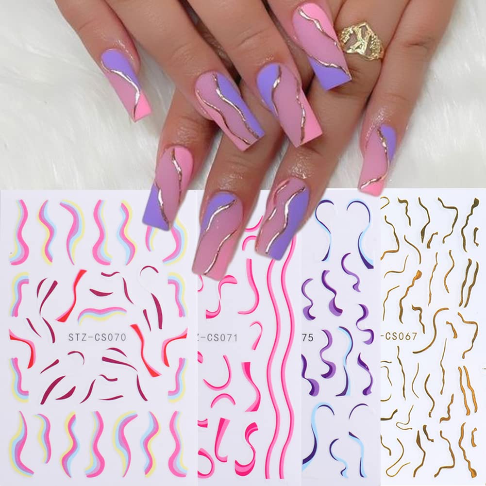 12 hojas de calcomanías de uñas 3D autoadhesivas doradas, líneas de rayas onduladas coloridas, diseños de uñas de estrella, luna, corazón, diseños
