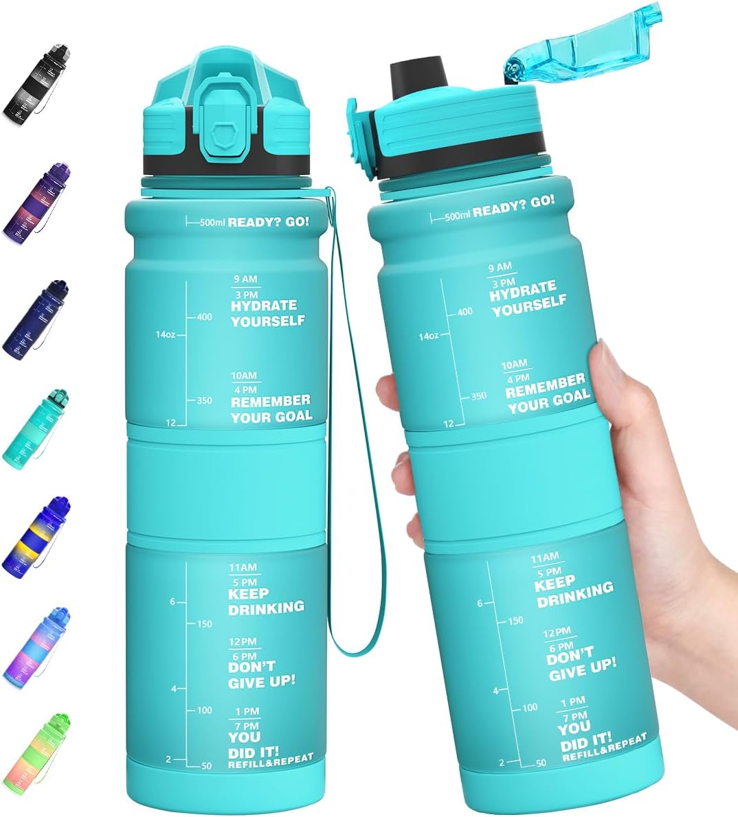 Botellas de agua con marcador de tiempo, botella de agua motivacional de 17 onzas, 32 onzas, a prueba de fugas y sin BPA, botella de agua deportiva