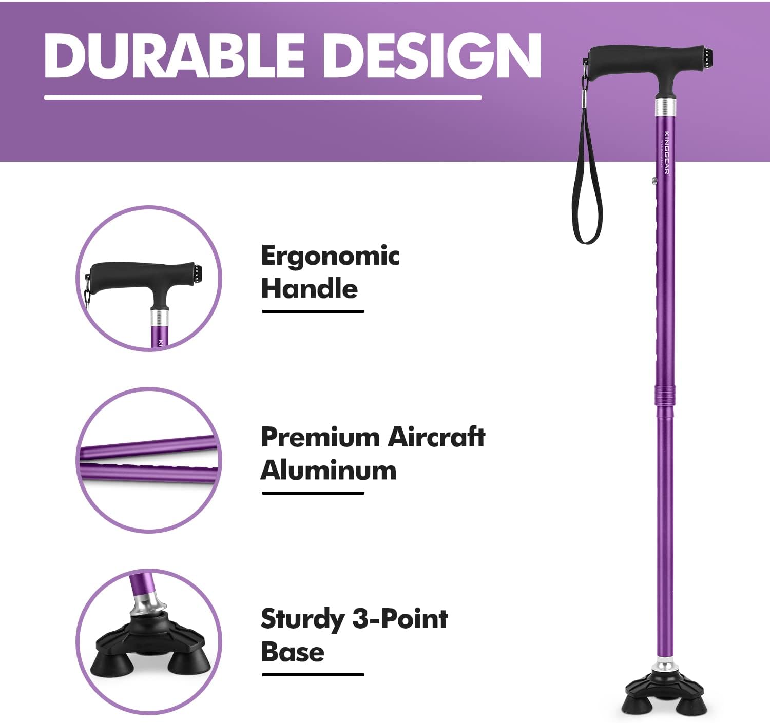 KINGGEAR Walking Cane for Women & Men, Adjustable Lightweight LED Walking Stick with Autonomous Standing, Large Sturdy 360 Swivel Base Crutches Cane