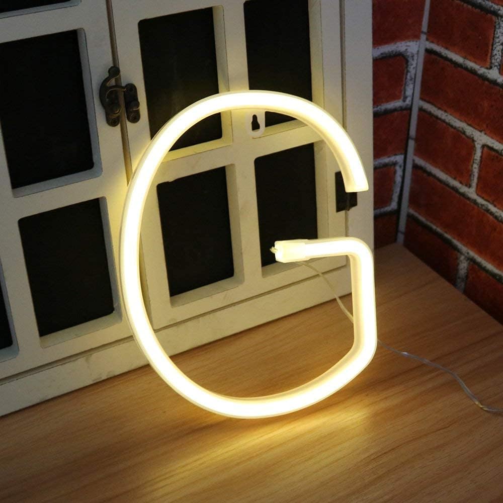Letrero de neón, letras de neón, letras del alfabeto de neón, luces LED, letras de marquesina, luces con batería, USB, blanco cálido (G)
