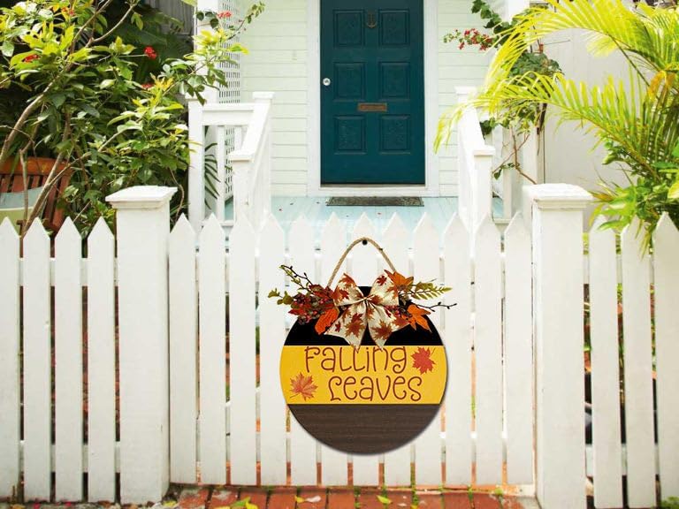Letrero de hojas de otoño para puerta delantera, coronas divertidas, decoración de placa de madera rústica, redonda, decoración de porche de madera