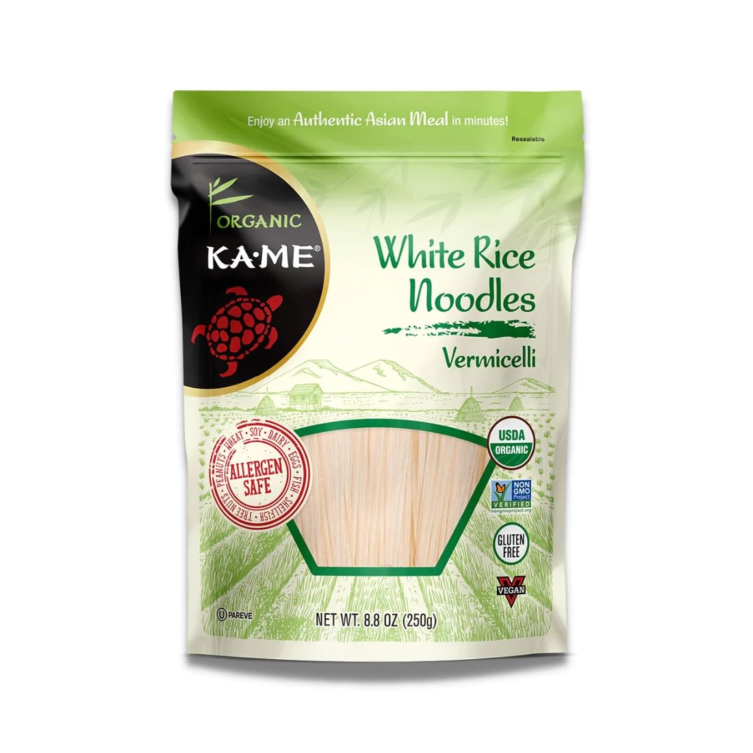 KA-ME Fideos de arroz orgánicos, fideos de calidad premium, sin gluten, sin conservantes ni MSG, un alimento básico tailandés y del sudeste