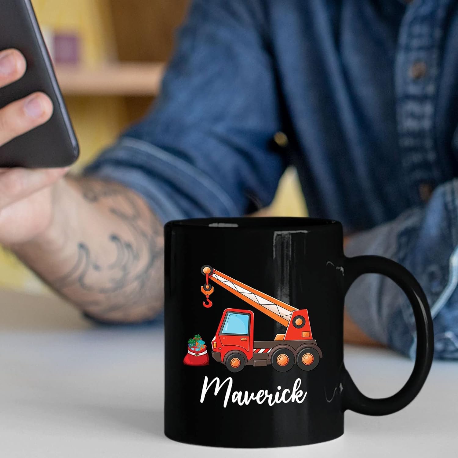 Taza de café personalizada con nombre de grúa para niños, taza de café para niños, camión grúa, tazas de cerámica negras de 11 onzas, 15 onzas, taza